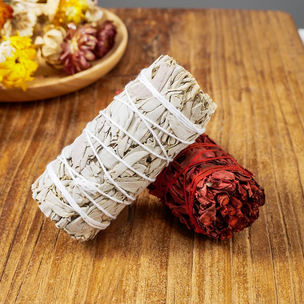 10cm White & Red Sage Bundle Smudge Stick Wand for Spiritual Incense Sticks Burning Aromatherapy Energy Cleansing Bundles