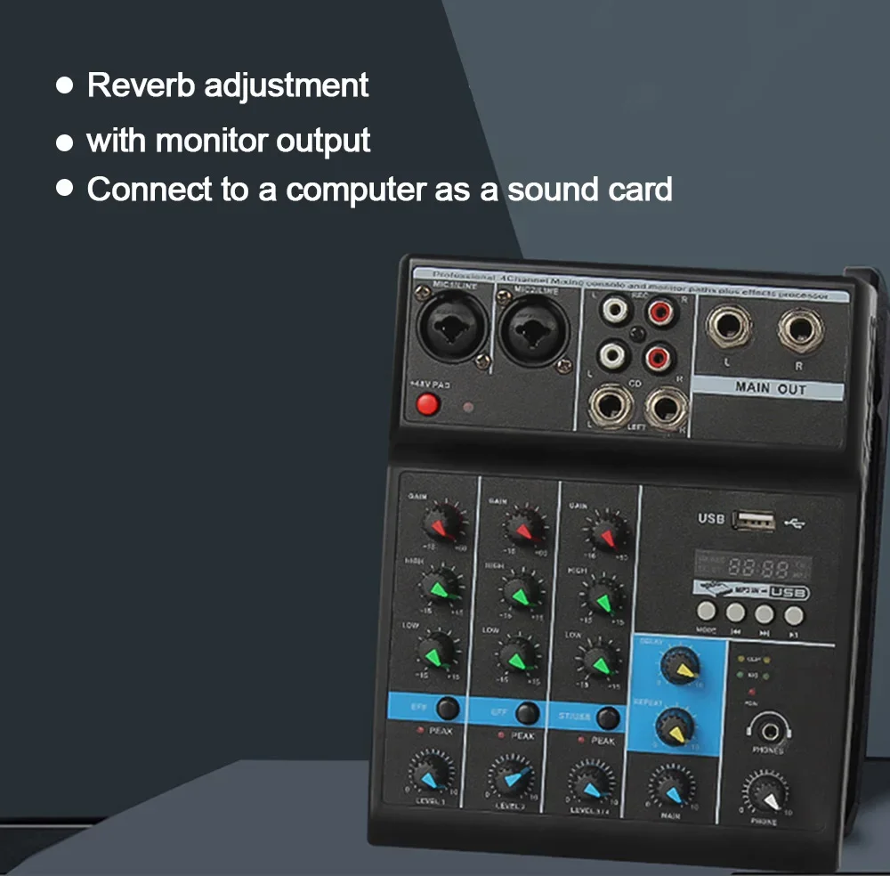 * 4-channel Audio Mixer Portable Live Sound Mixing Console Phantom Power Monitor Interface Computer EU / AU Plug DJ Controller
