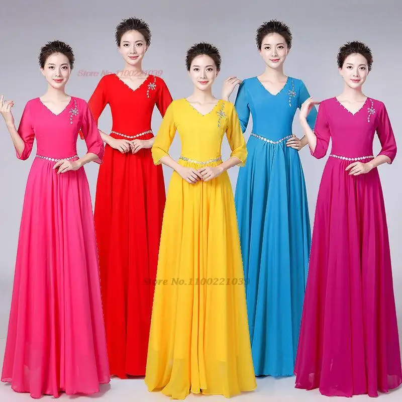 

2024 chinese vintage hanfu dress national flower sequin v-neck chorus dress stage performance oriental evening dress vestido
