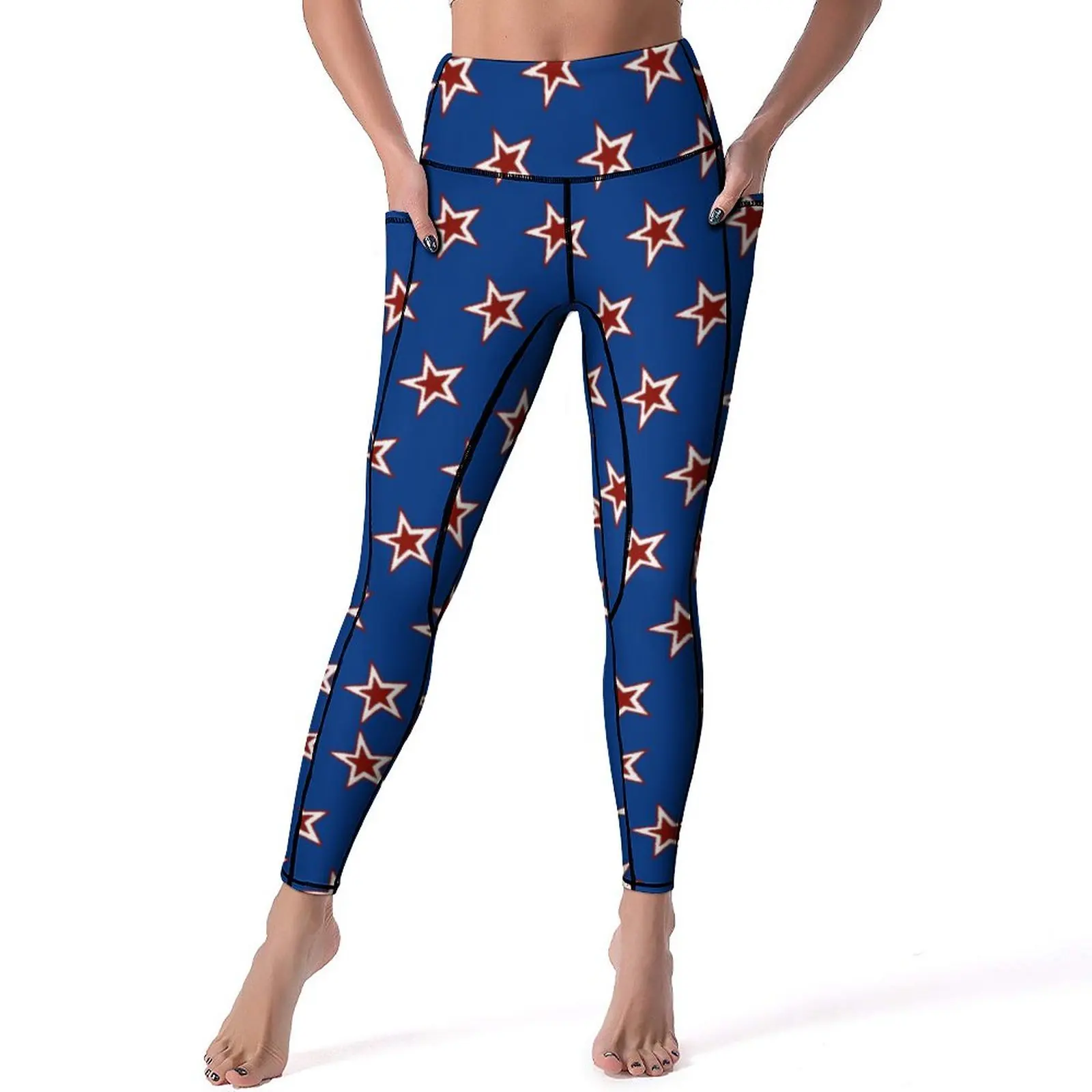 

Stars Print Leggings Sexy Red White and Blue Fitness Yoga Pants High Waist Stretch Sports Tights Pockets Sweet Graphic Leggins