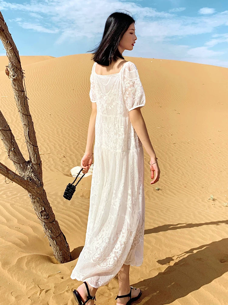Gypsylady Floral Embroidery Chic Midi Dress White Cotton&linen