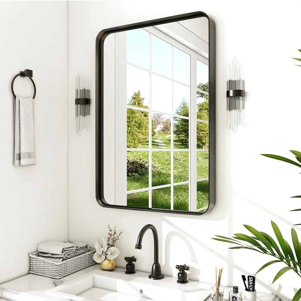 

32"x22" Aluminum Alloy Wall Mount Rounded Corner Rectangular Mirror Bathroom Items Black Bath Mirrors Decorative Fixture