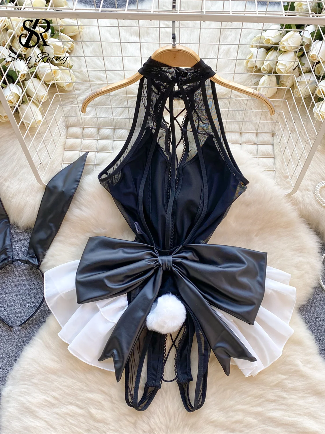 SINGREINY Cosplau Erotic Playsuits PU Leather Halter Splice Lace Up Mesh Halter Rabbit Girl Lingerie Hollow Out Sexy Bodysuits sexy lingerie