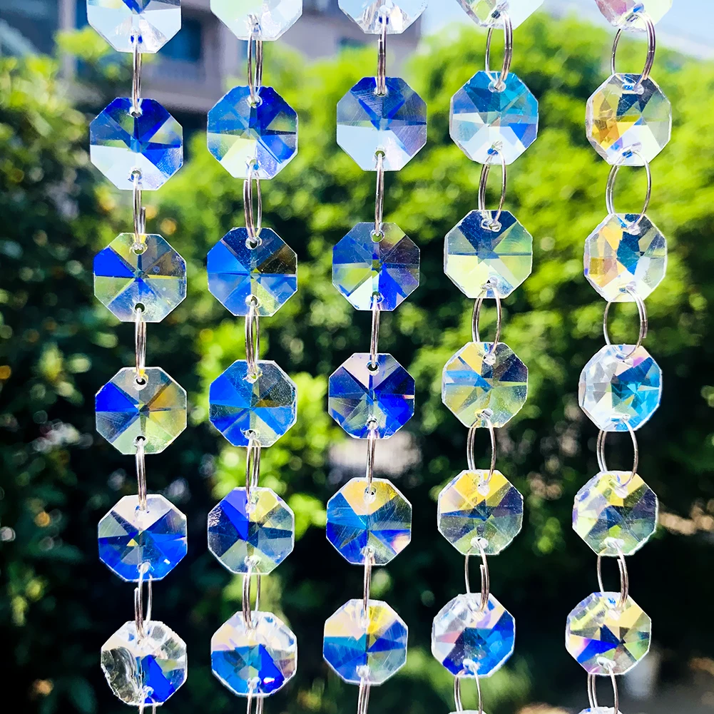 Aurora Crystal Octagonal Bead Chain Garland 5PCS Chandelier Prism Parts Glass Beads Curtain Home Party Wedding Centerpiece Decor