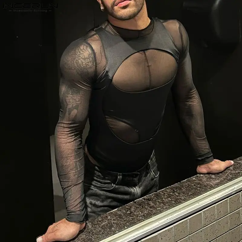 Men Bodysuits Mesh Patchwork O-neck Long Sleeve Rompers Men T Shirts Transparent Hollow Out Sexy Bodysuits S-5XL INCERUN