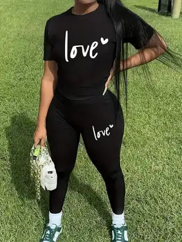 Spring and summer casual two-piece set, expressing love, round neck short sleeved T-shirt and pants set, women's clothing 1