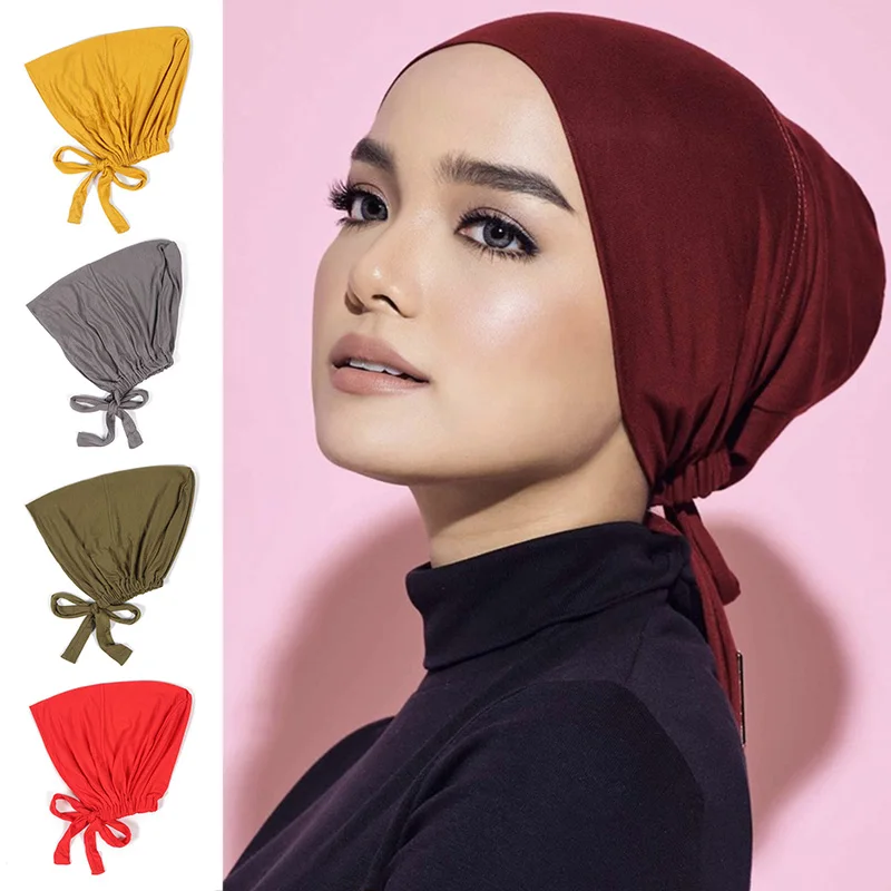 

Muslim Turban Solid Color Modal Elastic Bottom Caps Adjustable Fashion Adult Head Bottom Wrap Tie Head Wrap With Rope Headwear