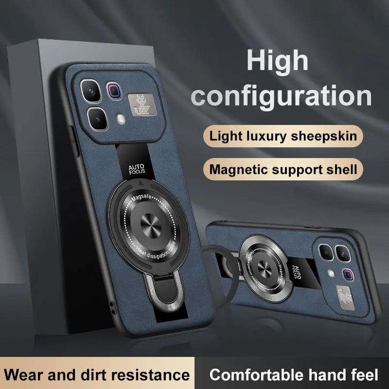 Magsafe Wireless Charging Magnetic Ring Holder Leather Case with Shockproof Soft Frame
