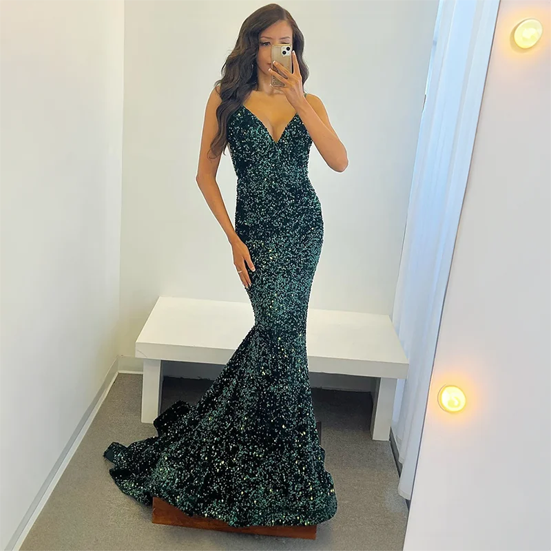 

Женское вечернее платье с V-образным вырезом, синее простое официальное платье в пол с блестками, элегантное платье-Русалка для женщин