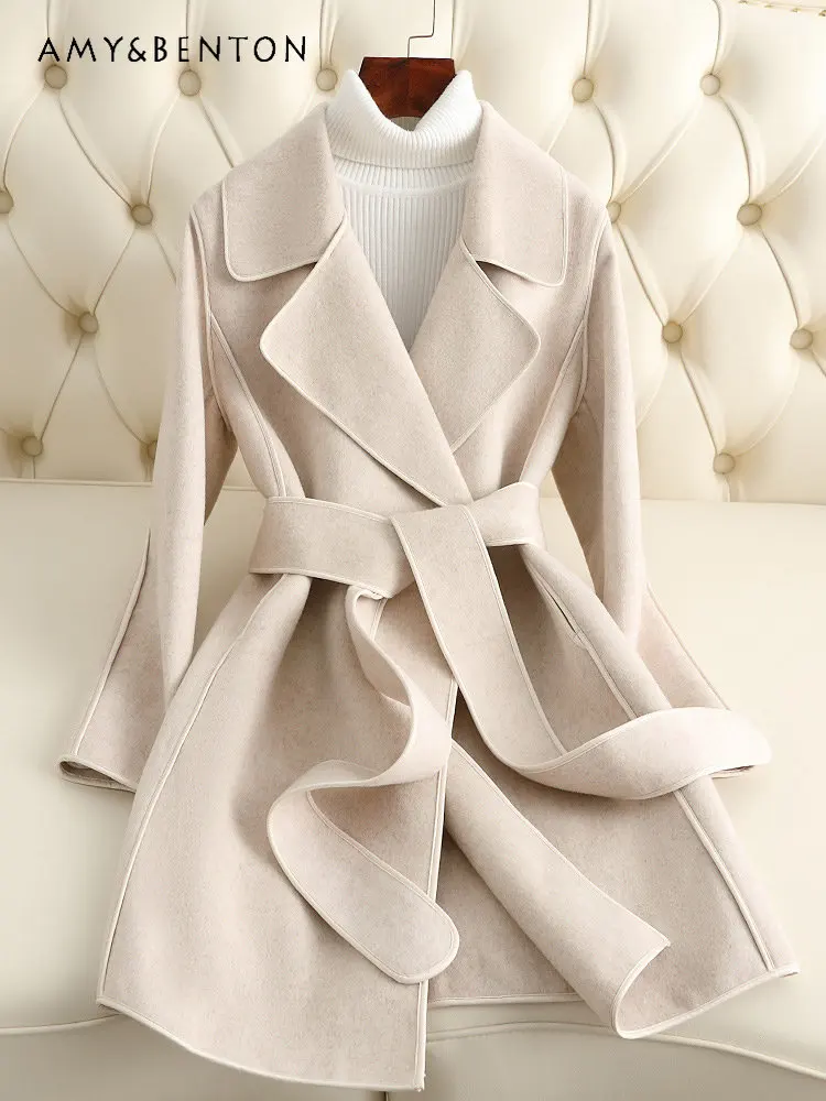 

Reversible Cashmere Coat Women's Mid-Length Autumn and Winter New Elegant Clothes Temperament Long Sleeve Belt Woolen Coat