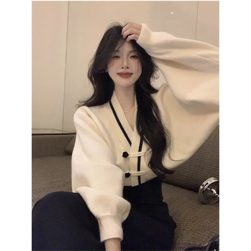 

Элегантный Модный кардиган с V-образным вырезом, Осенний элегантный вязаный кардиган во французском стиле, привлекательный удобный свитер