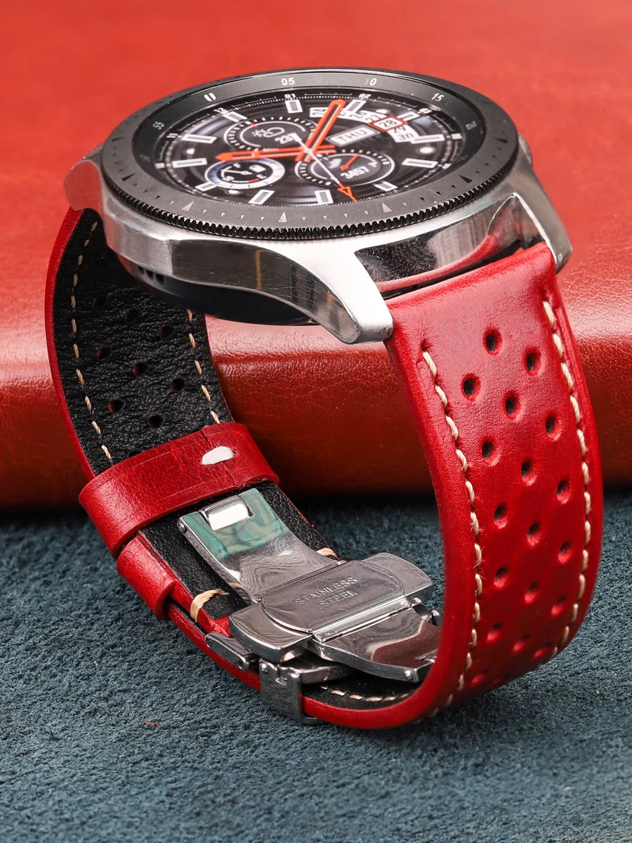 Echtes Leder-Uhrenarmband, 20 mm, 22 mm, 24 mm, Rindsleder, Vintage-Uhrenarmband, Faltschließe für Samsung Galaxy Watch 3 4 – Detail 6