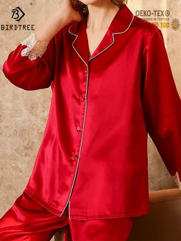 BirdTree 19MM 100%Real Silk Pajama Set, Women Long Sleeve Lace Top Pants, Casual High-quality Homewear, Summer Autumn S47892QM