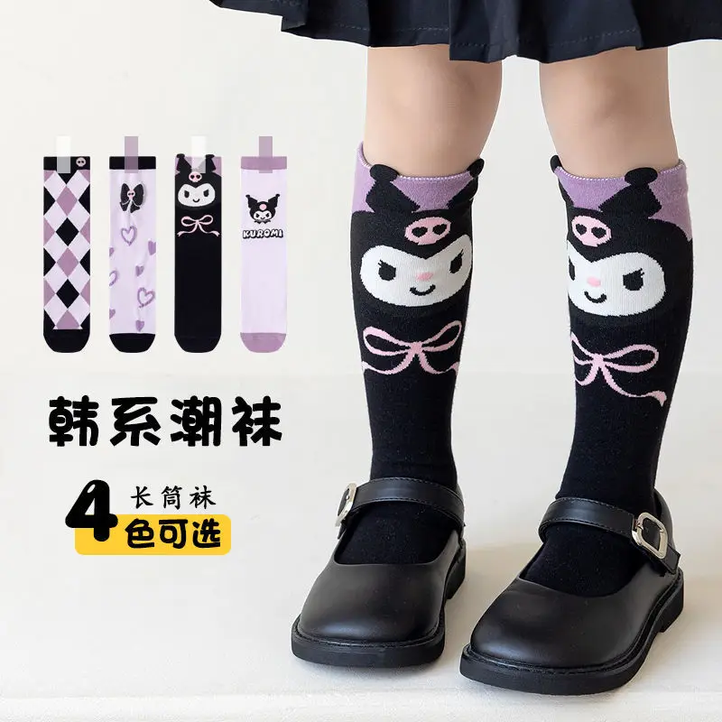 

New Style Sanrios Kuromi Children'S Stockings Calf Socks Cartoon Autumn Girls' Stockings Purple Diamond Checkered Cotton Socks