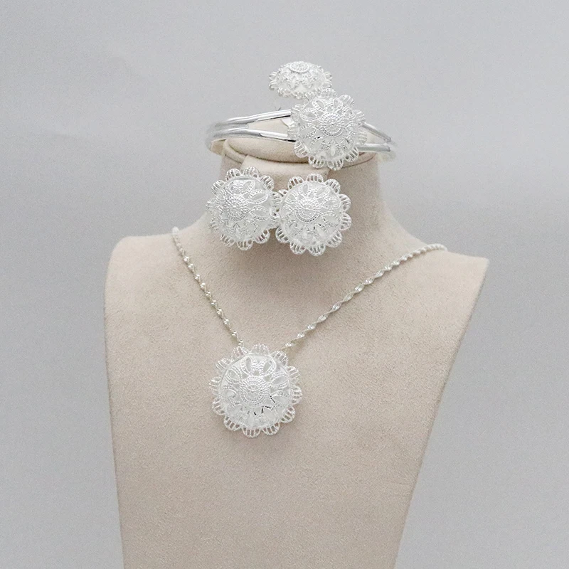 Fashion Hairpin Bridal Jewelry Africa Ethiopian Ring Set Ladies Jewelry Set Silver Chain Necklace Clip Bridal Jewelry