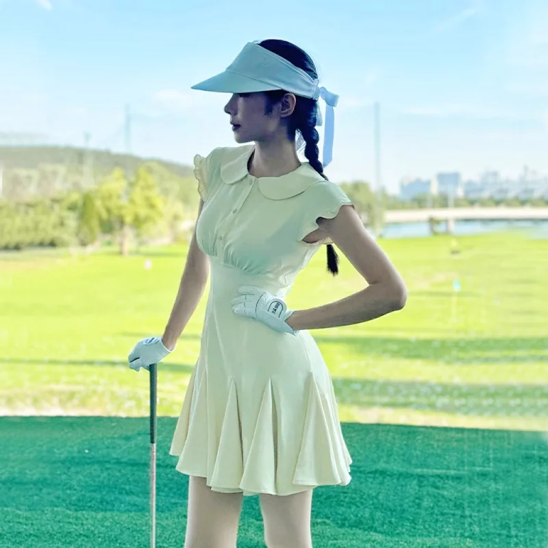 Golf Blooming Dress Women's Summer Clothing Korean POLO Shirt Dresses Golf Ladies Slim Waist Sports Skirt with Ribbon