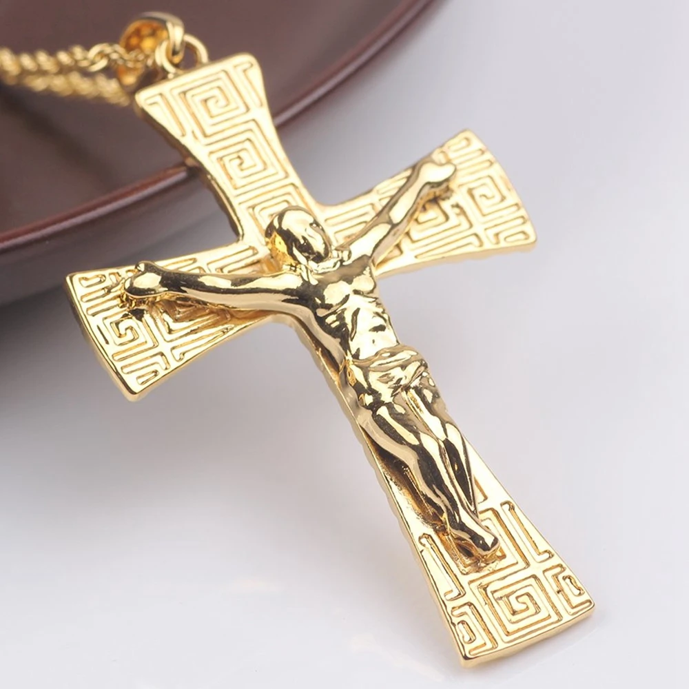 Big Jesus Cross Pendant Chain for Women Men 18k Yellow Gold Filled Classic Crucifix Unisex Vintage Trendy Believer Jewelry Gift
