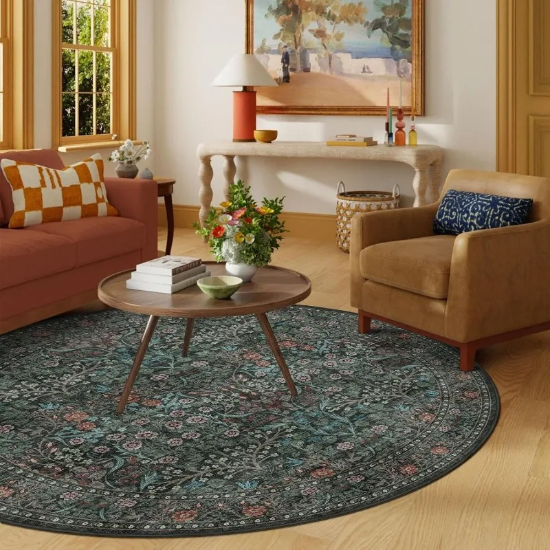 Carpet for Living Room Round Floral Print Bedroom Bedside Rugs Vintage Machine Washable Non-slip Coffee Table Floor Mat Tapis 러그