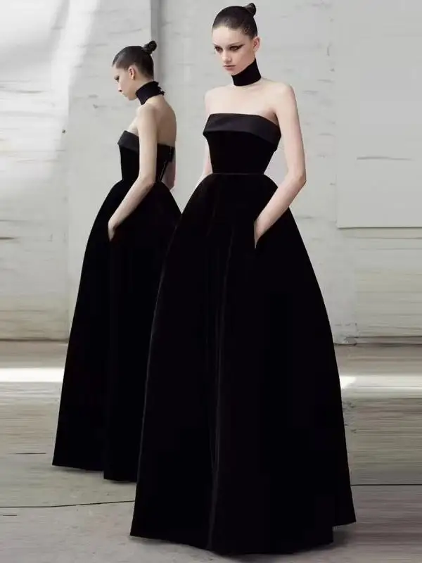 Ele Long Velvet Evening Dr Bla Strapl Gown for Par Performance Slimming Sle Faionable mid Waist a Line Skirt