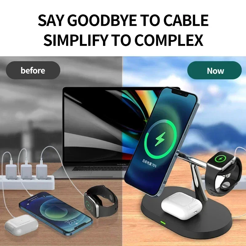 3 in 1 마그네틱 데스크탑 무선 충전기 (MagSafe 아이폰 17, 16, 15, 14, 13, 12, 애플워치 2-8, SE, 에어팟 고속 충전 스테이션)