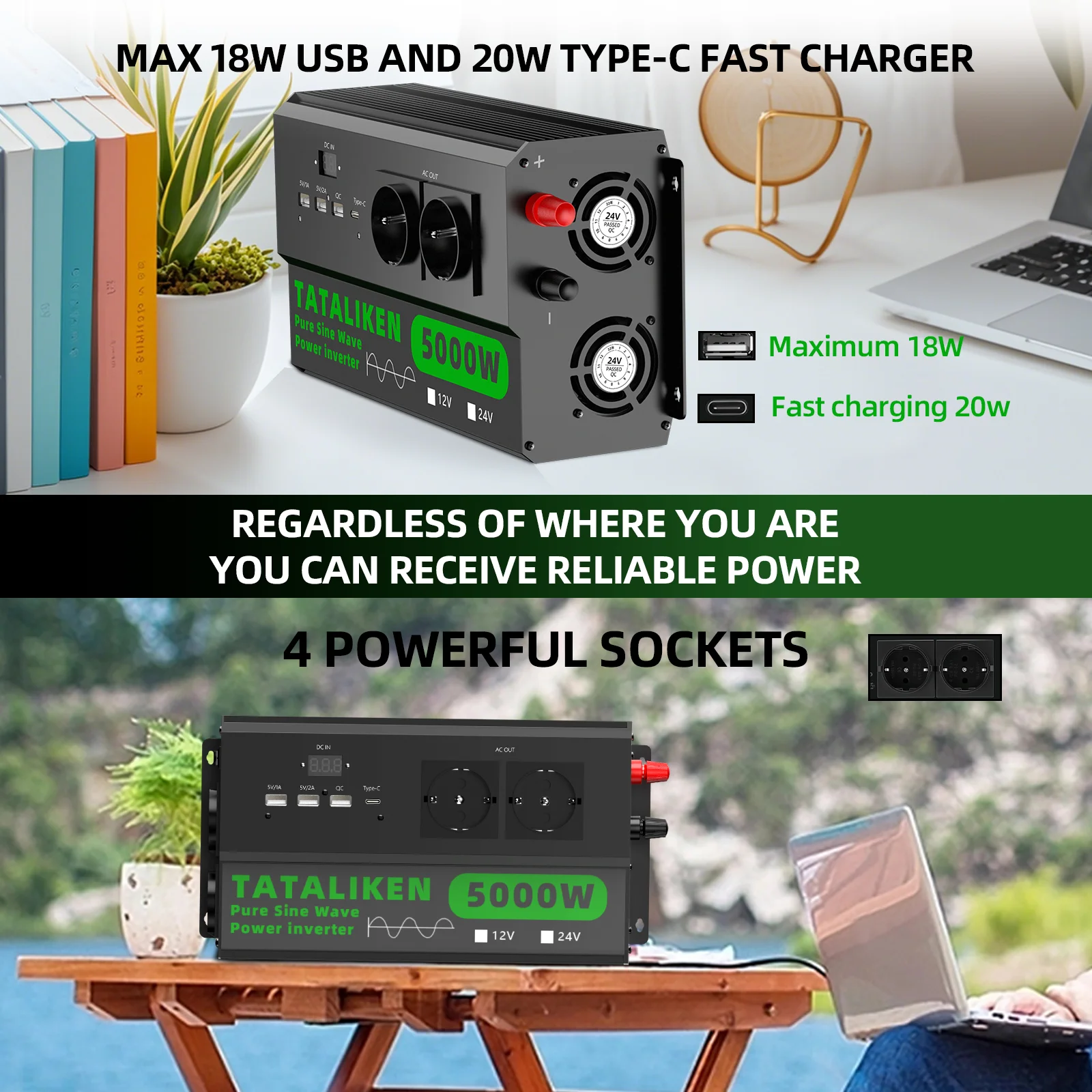USB, TYPE-C 및 EU 소켓 순수 정현파 인버터 DC 12V to AC 220V 50HZ 전압 변환 컨버터 어댑터 LED 디스플레이