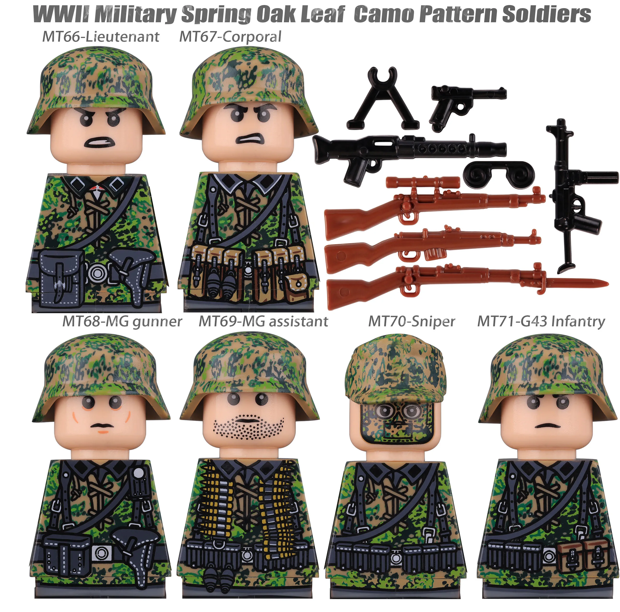 WW2 Military Camouflage Soldiers Building Set with Weapons and Helmets