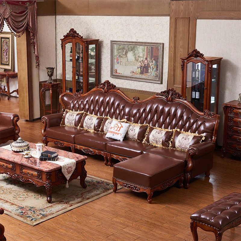 

Кожаный диван в европейском стиле, комбинированный американский диван для гостиной, угловой квартиры, L-образный, четыре, шесть человек, первый пол, Воловья кожа, диван