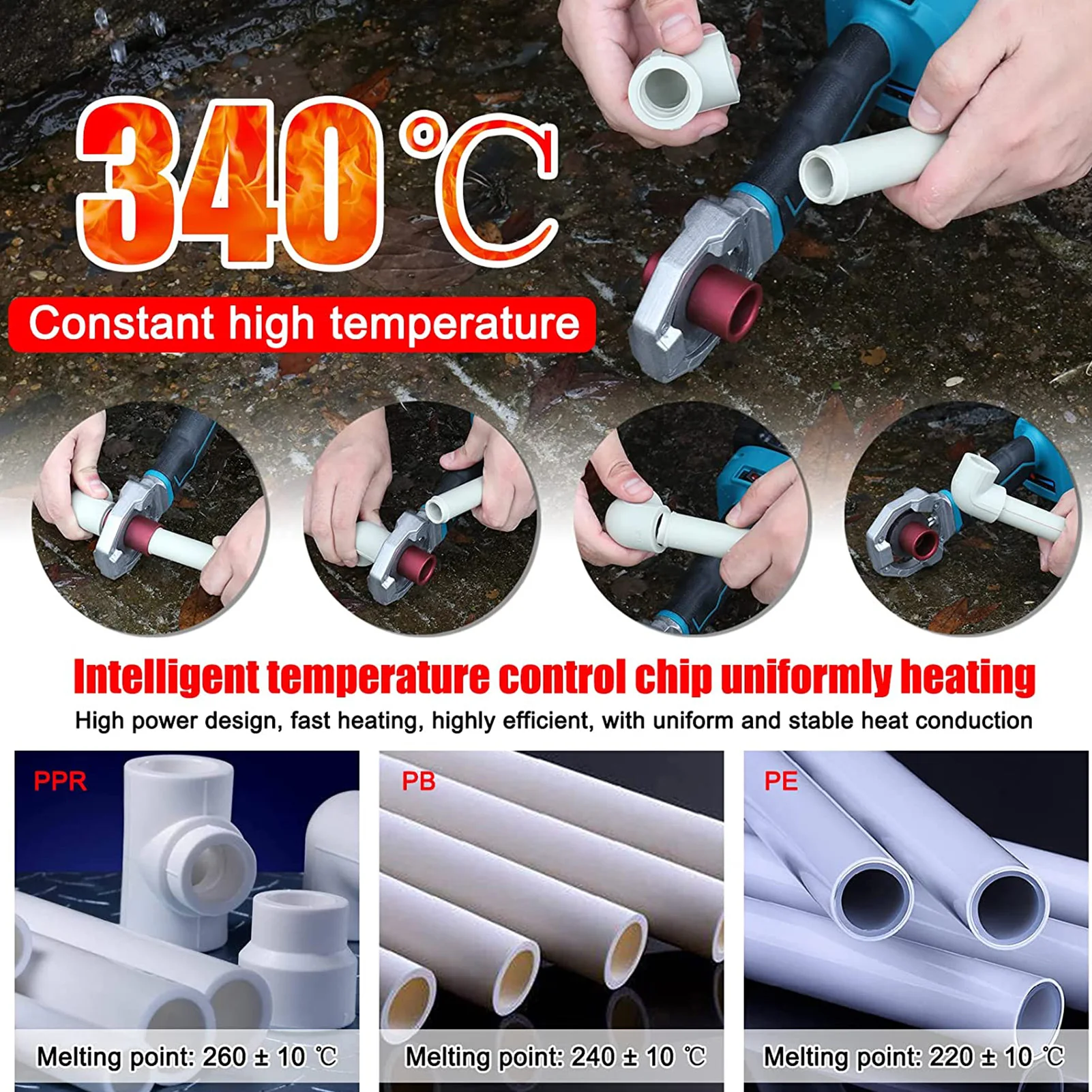 Pipe Melter Water Pipe Melting Device Cordless Rechargeable Hose Welding Tool 120W 340℃ for Connection Pipe Welding Machine 2