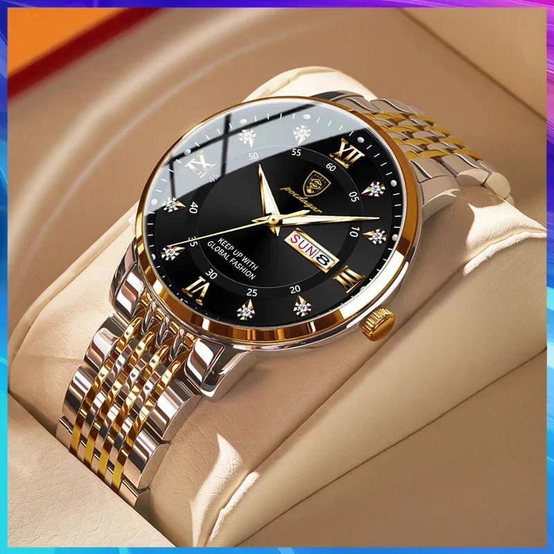 

POEDAGAR Luxury Men Watch Stainless Steel Top Quailty Push Button Hidden Clasp Date Week Sport Waterproof Luminous Wrist Watches