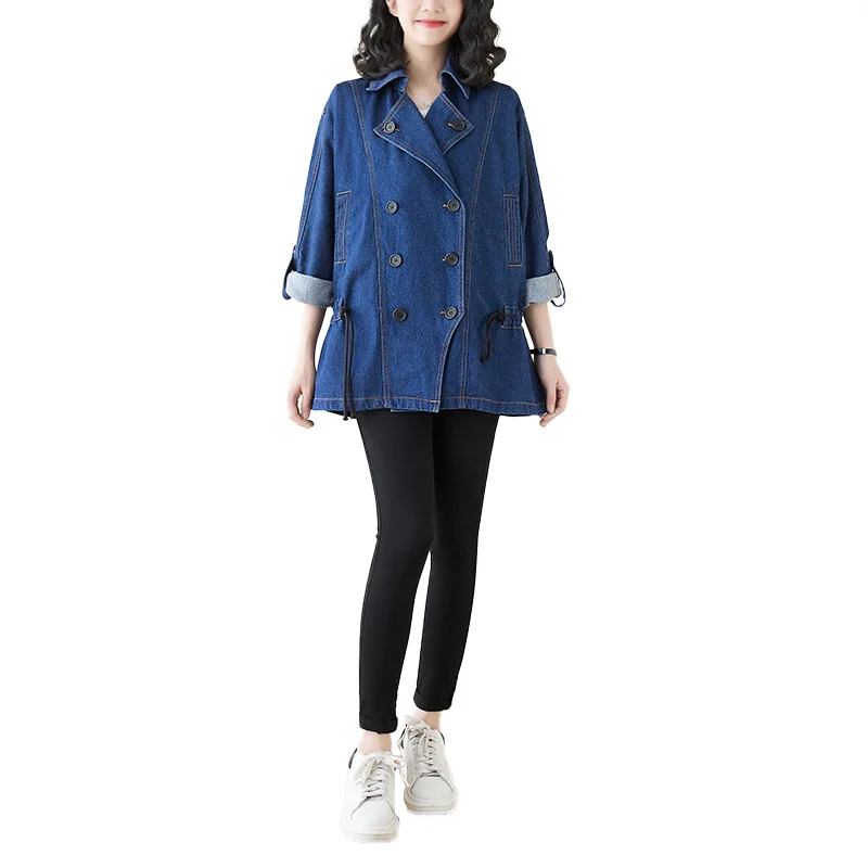 

Denim Jacket Suit Collar Double-breasted Women New Spring Autumn Casual Loose Cowboy Coat Korean Outerwear
