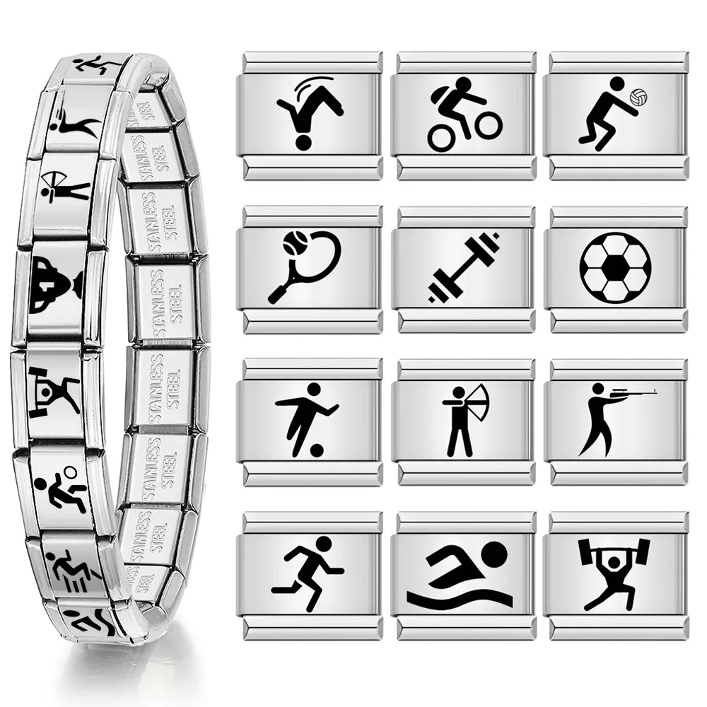 Silberfarbener italienischer elastischer Charm-Link, passend für 9 mm Armbänder, Sport, Schwimmen, Fußball, Gewichtheben, Edelstahl, DIY-Herstellung von Perlen