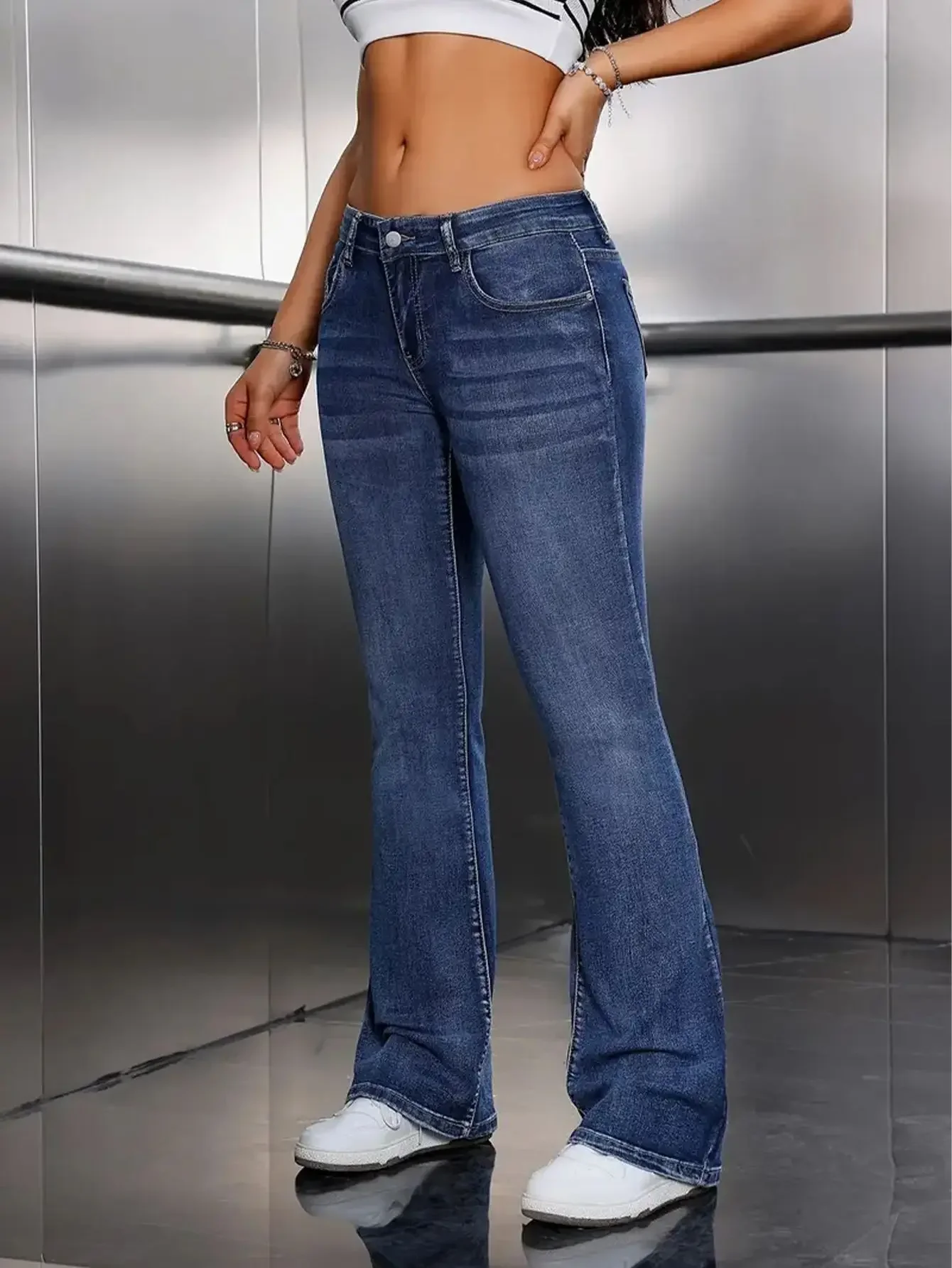 Y2k Jeans For Woman Blue Stretch Flare Denim Pants Vintage Retro Fashion Minimalist Elastic Waist Comfort Fit 2025 Trendy 3