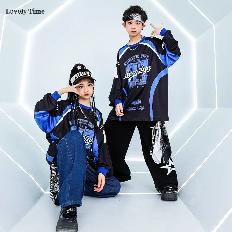 Girls K-pop Loose Contrast Sweatshirt Street Dance Pants Boys Hip Hop Jeans Clothes Sets Kids Jazz Costume Child Cool Streetwear