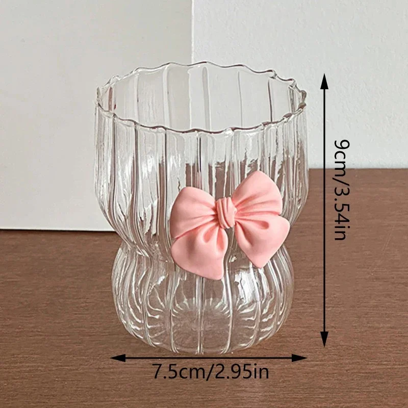 Pink Bow Glass Cups Cute Clear Striped Water Cups Creative Coffee Mug Household Fruit Tea Juice Glassware Home Supplies
