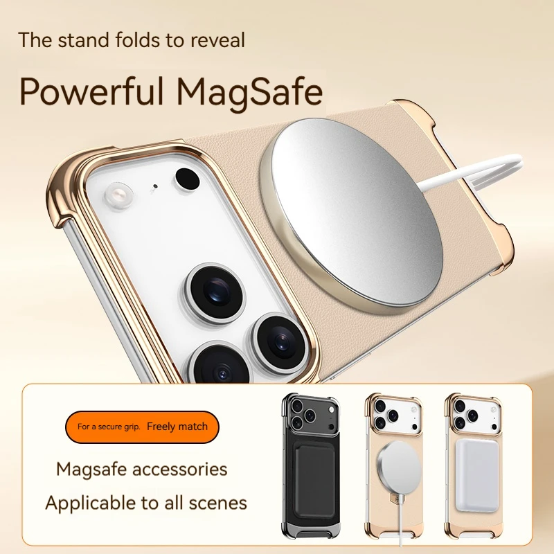 Luxury Leather Frameless Magnetic Bracket Phone Case with Magsafe Wireless Charging