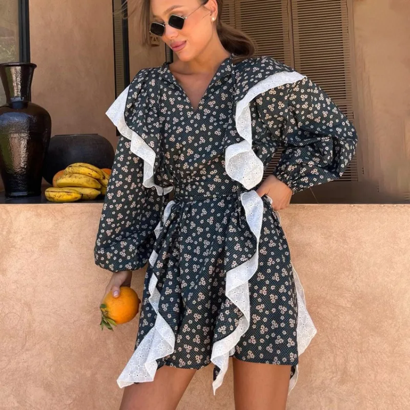 

Elegant Summer Autumn Corset Party Dresses for Women 2023 Y2K INS Clothes Long Lantern Sleeve V Neck Lace Up Boho Ruffle Dress