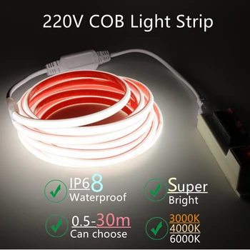 30m 220V Waterproof COB LED Strip Light Adhesive Tape EU Plug Flex Silicone Tube Lamp for Home Outdoor Garden Lighting Warm IP68