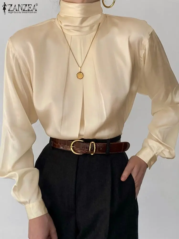 ZANZEA Streetwear Pleated High Collar Blusa Satin Silk Women Chemise Chic Buttons Blouse 2023 Fashion Long Sleeve Elegant Shirts