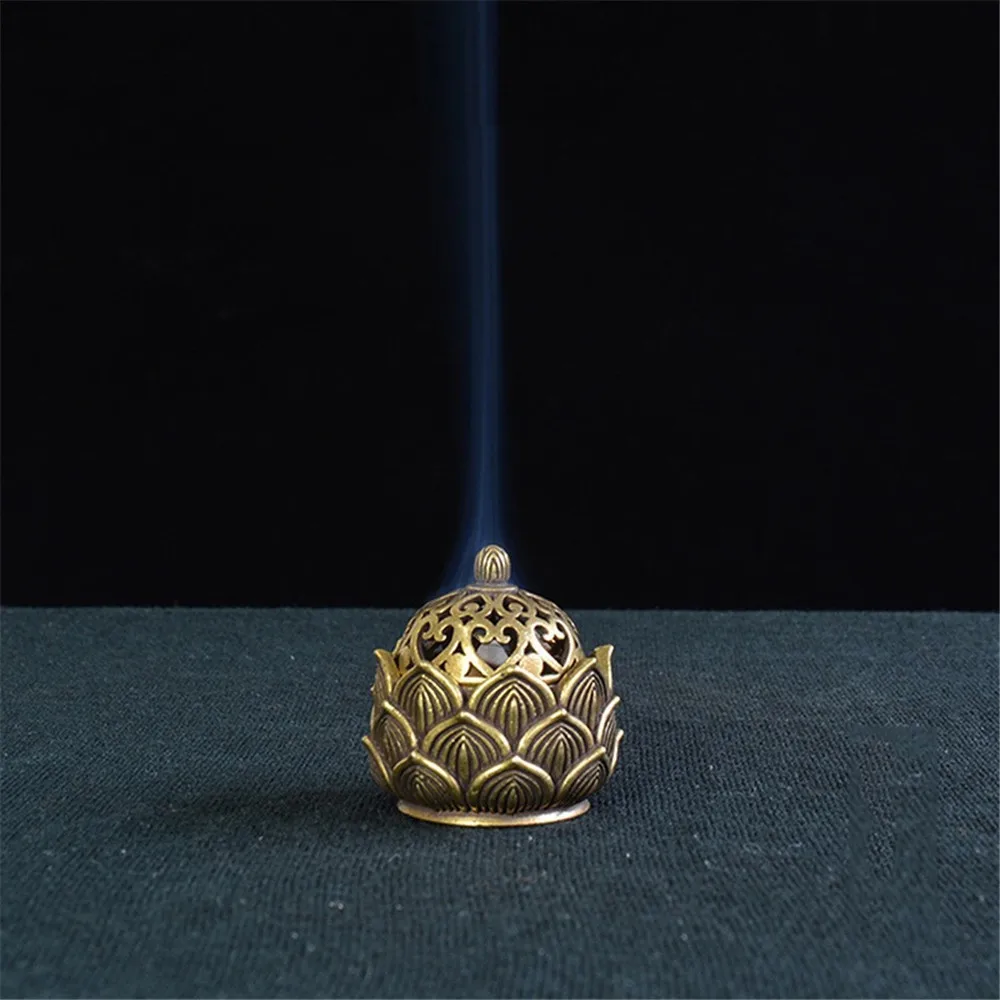 Retro Copper Small Lotus Pocket Hollow Out Incense Stick Burner Brass Incense Holder With Cover Home Decoration Sandalwood Cense