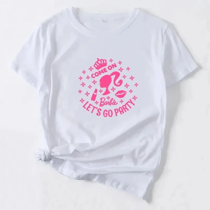 Barbie Cartoon T-Shirt Women Letter Top Crew Neck Print Summer Short Sleeve Clothes Anime Kawaii Oversize Girls Tshirts 5