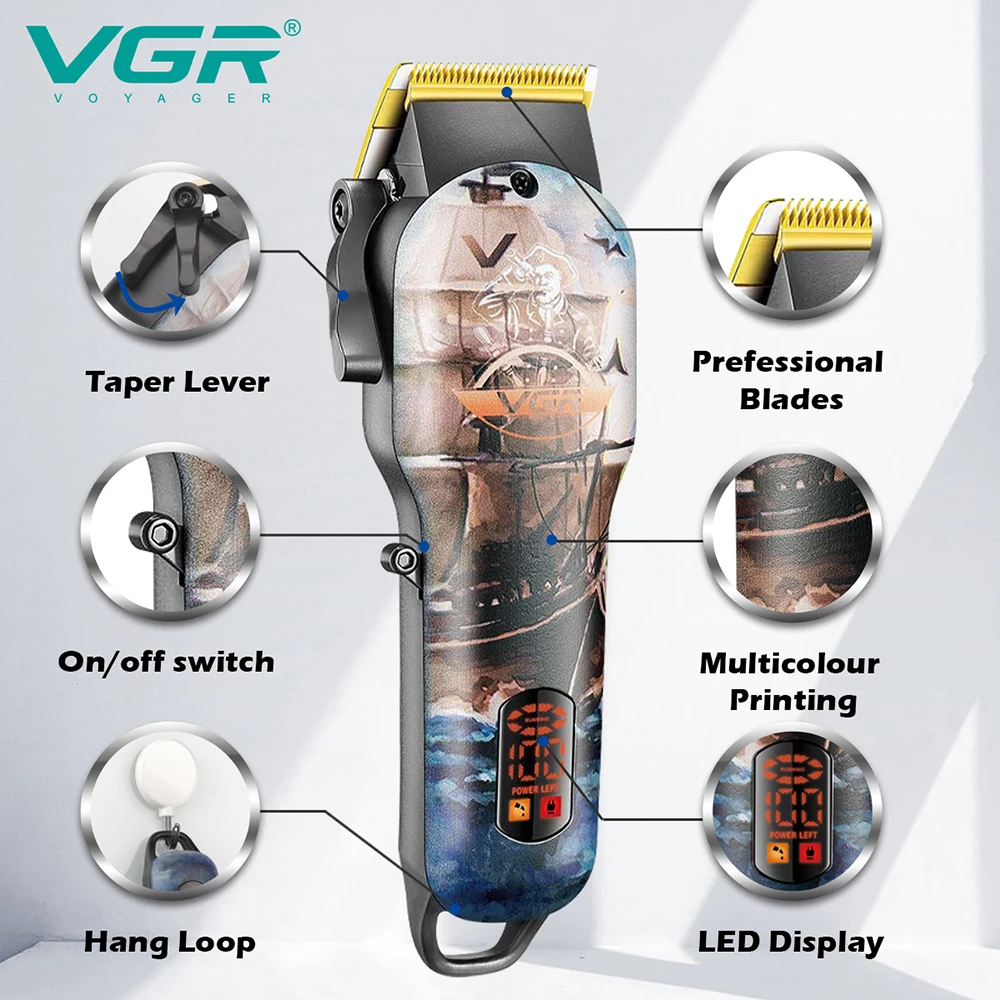 VGR Profissional Clipper Cabelo para Homens, Máquina De Corte De Cabelo, Aparador De Cabelo Recarregável, Acessórios De Barbeiro, Máquina De Corte,