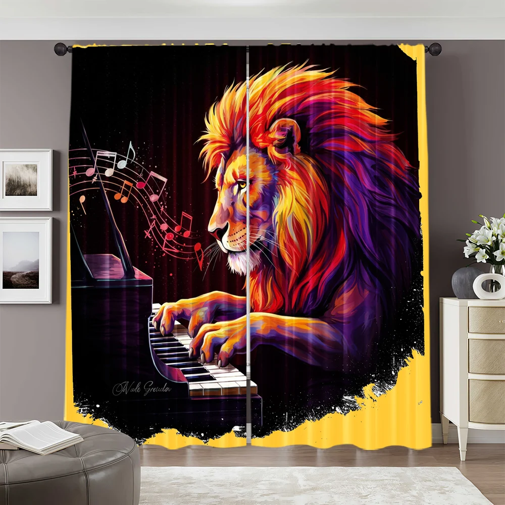 2pcs, spring summer Curtains Lion playing piano Semi-Sheer Curtains Versatile 100% Polyester Gifts Perfect for Bedroom, Office, 2