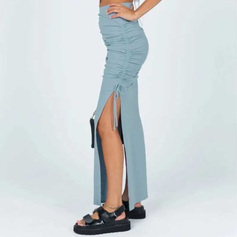 2021 European And American Split Knitted Slim Skirt Fashion Pleated Lace Up Women's Sexy Hip Long Skirt Girl Blue 90s moms jeans e girl vintage streetwear letter printing baggy jeans fashion straight demin low waist y2k pants summer 2021 blue