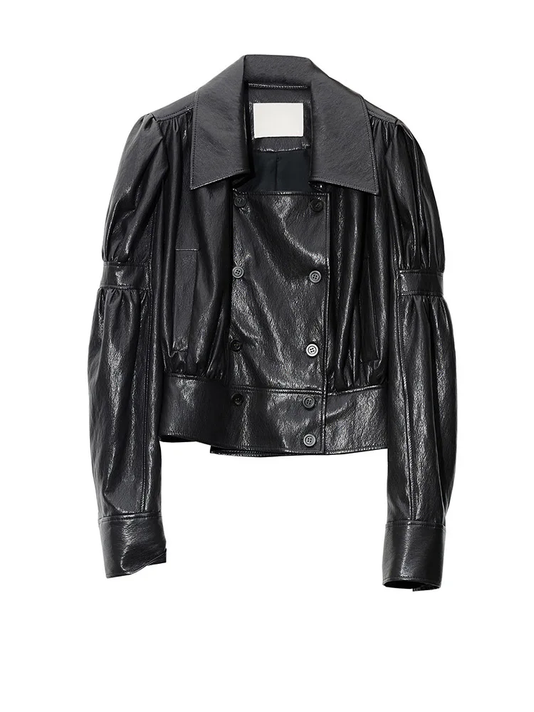 [EAM] Vintage PU Leather Cropped Jacket New Lapel Long Puff Bubble Sleeve Women Coat Fashion Tide Spring Autumn 2026 1DJ9713