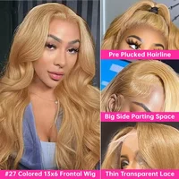 Perruque Lace Front Wig Body Wave brésilienne naturelle, cheveux humains, couleur blond miel, 13x4, 13x6 HD, 27 #, pour femmes 4