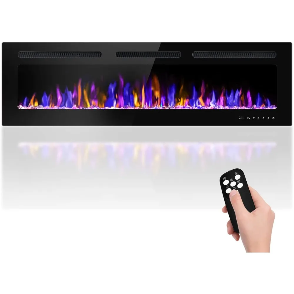 

60" Electric Fireplace Wall Mounted and Recessed with Remote Control, 750/1500W W/Timer Adjustable Flame Color and Brightness