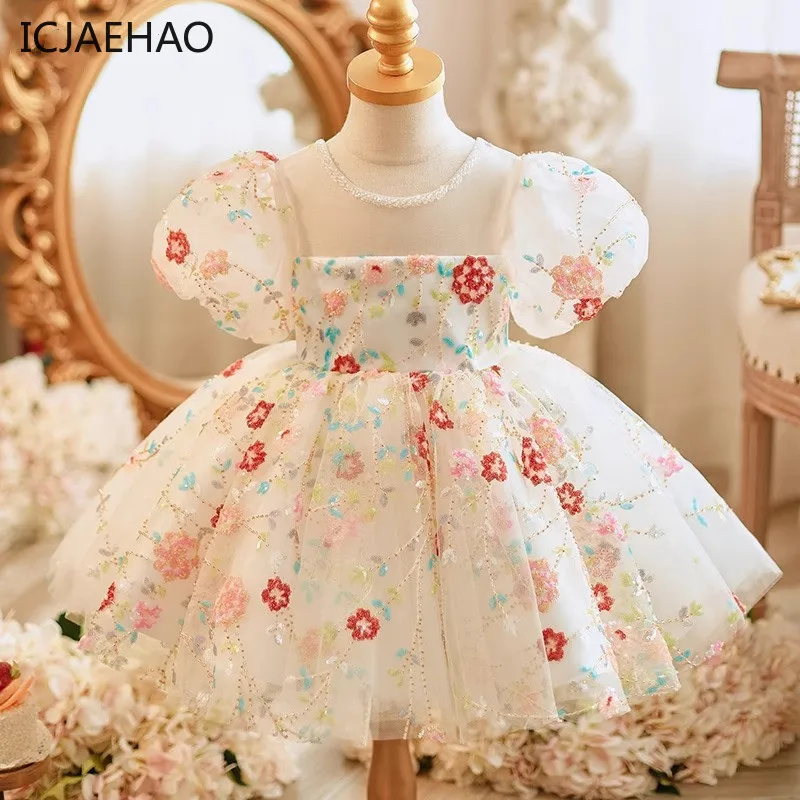 

Princess Kids Sequins Vestidos Children 1st Birthday Baptism Party Dress Baby Girl Floral Lolita Ball Gown Infant Outfit 2024