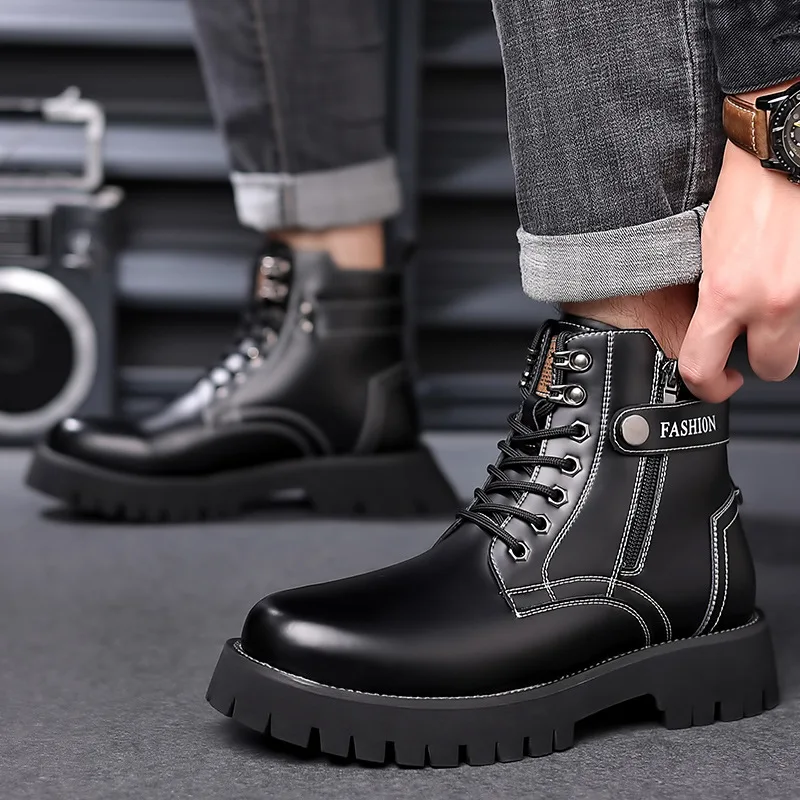 Quality Men's High Top Boots British Style Chunky Sole Round Toe Plush Lined Leather Boots Non-Slip Warm Comfortable Snow Shoes