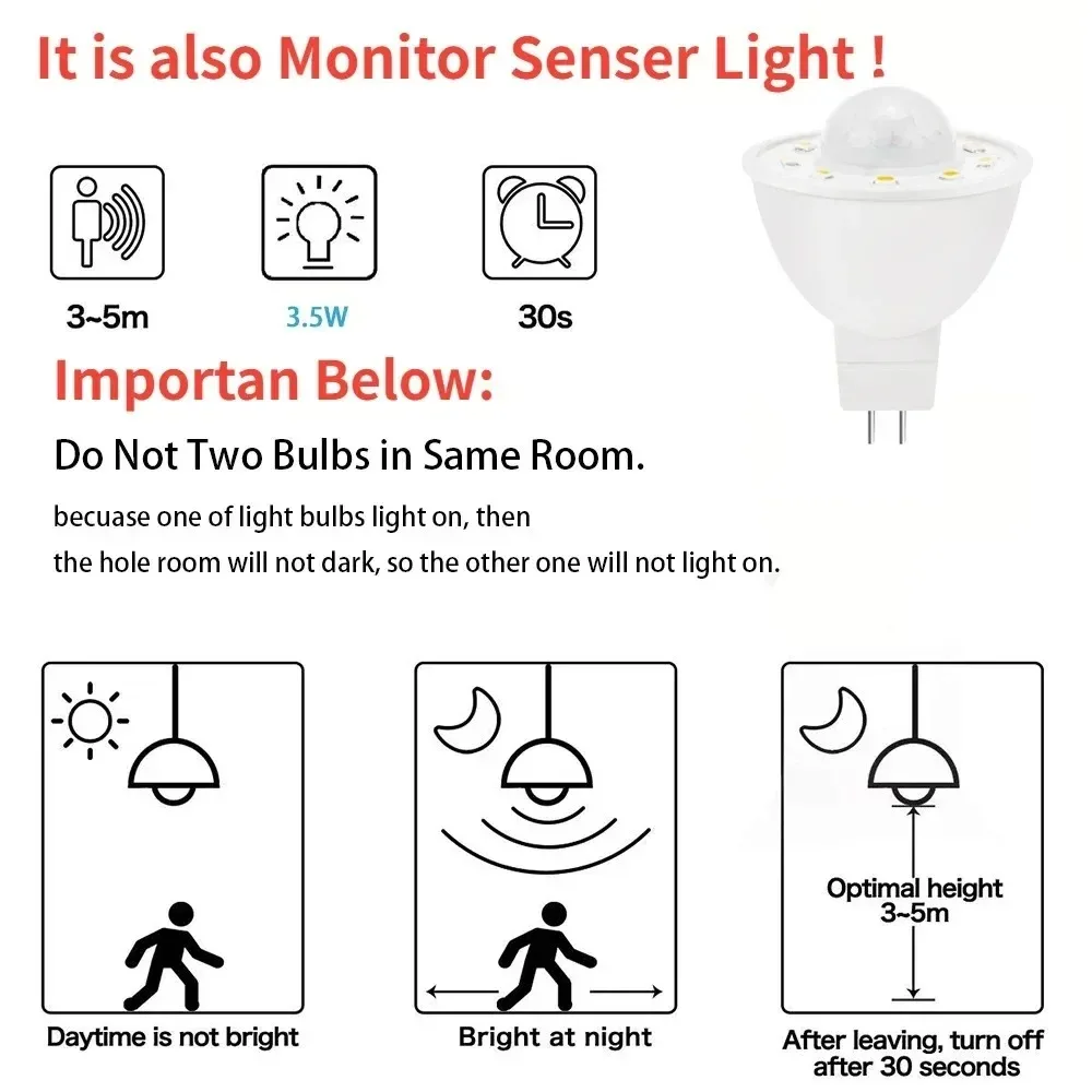 멜러리 MR16 PIR 모션&야간 센서 LED 전구 3.5W (50W 상당) 500lm 백색 6000K 계단 차고 복도 통로