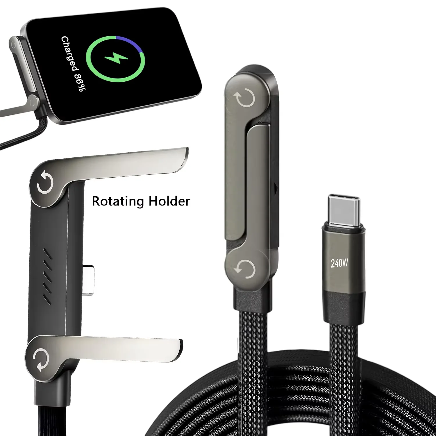 2IN1 Type C Cable Foldable Phone Holder 240W Fast Charging Data Cable Multifunction PD Charge Bracket for iphone 17 16 Samsung 1